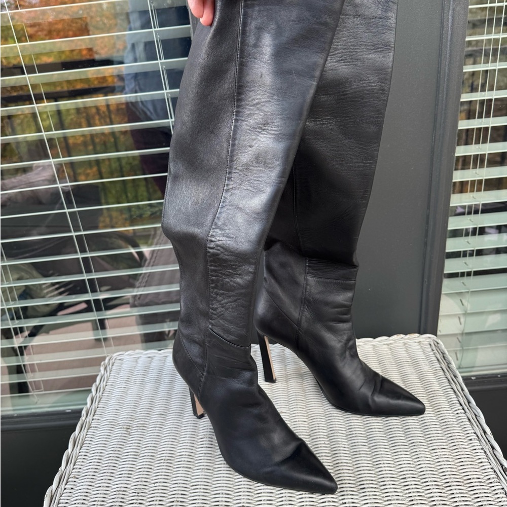 SOLD! Stuart Weitzman Black Heeled Boots, size 9, stretch leather